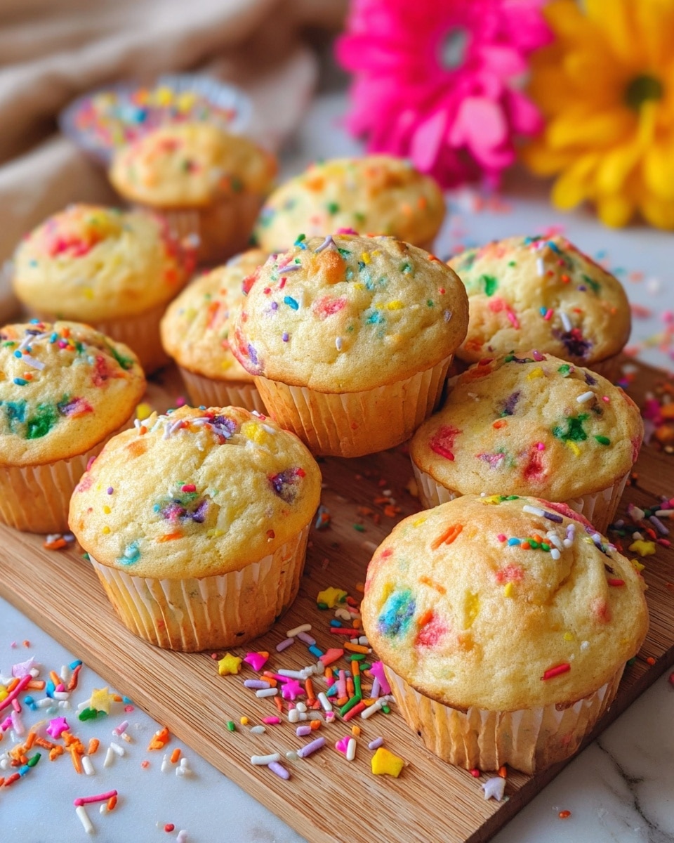 The image shows a group of small round muffins on a wooden board, each muffin having a light golden-brown top covered with colorful sprinkles in red, green, blue, purple, orange, yellow, and white. Two muffin halves are placed on top of the others, exposing a soft, moist, light yellow inside with the same colorful sprinkles mixed throughout the dough. The background features blurred flowers with bright red, yellow, and orange colors, and scattered sprinkles are visible around the board on a white marbled surface. Photo taken with an iphone --ar 4:5 --v 7
