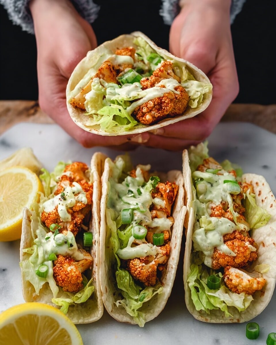 Three soft white tortillas are neatly placed side by side on a white rectangular plate with a white marbled texture underneath. Each tortilla is filled with a base layer of fresh, bright green lettuce leaves. On top of this, there are crispy, golden-brown pieces of roasted cauliflower coated in a reddish seasoning. Two of the tacos have a dollop of creamy, pale yellow sauce, while the middle taco is topped with a generous amount of chopped fresh green onions, adding a mix of light and dark green colors. The tacos are arranged close together, showcasing the vibrant mix of textures and colors in each layer. photo taken with an iphone --ar 4:5 --v 7