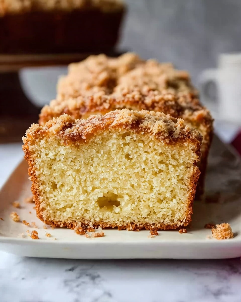 A close-up view of a sliced loaf cake resting on white parchment paper on a wooden board, showing a soft, dense, light golden crumb inside with a crumbly, golden-brown streusel topping sprinkled with some white sugar crystals, with small crumbs scattered around the base of the cake. In the background, there's a blurred white plate with a stick of butter, all set on a white marbled surface. photo taken with an iphone --ar 4:5 --v 7