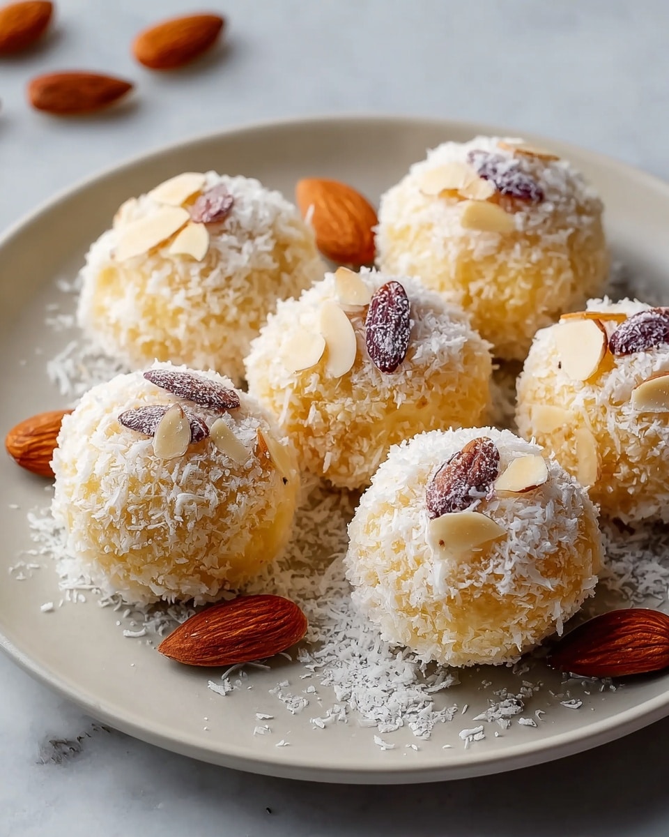 Six round sweets are placed closely together on a white plate, each coated with a light, crumbly layer that looks pale yellow and soft. The sweets are sprinkled with powdered sugar, giving them a white dusted look. Thin, light brown almond slices are scattered on top of the sweets, adding texture and contrast. Around the sweets on the plate, whole brown almonds are placed for decoration. The plate sits on a white marbled surface. photo taken with an iphone --ar 4:5 --v 7