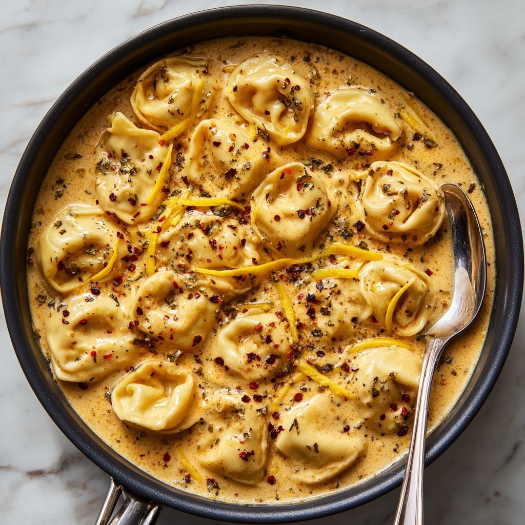 A white plate holds a serving of tortellini covered in a creamy sauce that is light brown with a smooth texture. The pasta pieces are round with a ring shape and have a pale yellow color, sitting evenly spread across the plate. Thin strands of yellow zest are scattered over the sauce, adding slight color contrast. Small specks of black pepper and red chili flakes are sprinkled on top, giving a textured look. To the right side of the plate, a silver fork rests partially in the sauce. The background is a white marbled surface. photo taken with an iphone --ar 4:5 --v 7