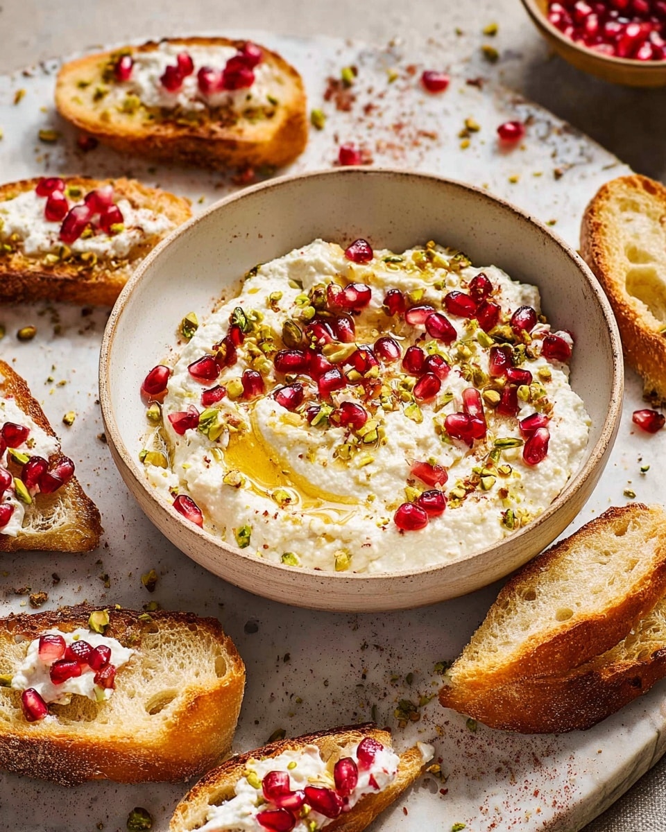 A deep white bowl holds a creamy, white dip with a soft, fluffy texture, topped with bright red pomegranate seeds scattered unevenly across the surface. Green chopped nuts are sprinkled around the red seeds, creating a colorful contrast. The dip has a drizzle of golden honey on top, pooling slightly in the middle. Around the bowl are slices of toasted bread with a golden-brown crust, some with dollops of the same creamy dip and pomegranate seeds on top, resting on a white marbled surface. The whole scene has a warm and inviting look with natural light. photo taken with an iphone --ar 4:5 --v 7