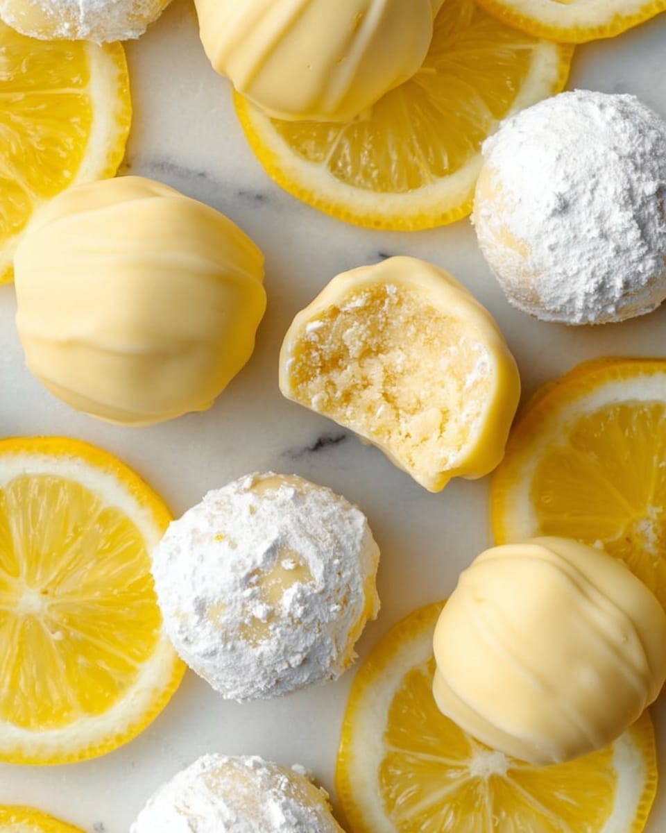 The image shows several lemon truffles and lemon slices placed on a white marbled surface. There are two types of truffles: some are coated with a smooth, pale yellow glaze, while others are covered in white powdered sugar, with one of these powdered truffles bitten into, revealing a creamy, textured, light yellow inside. The lemon slices are bright yellow with clearly visible segments and a white rind, arranged around the truffles, creating a fresh and bright look. photo taken with an iphone --ar 4:5 --v 7