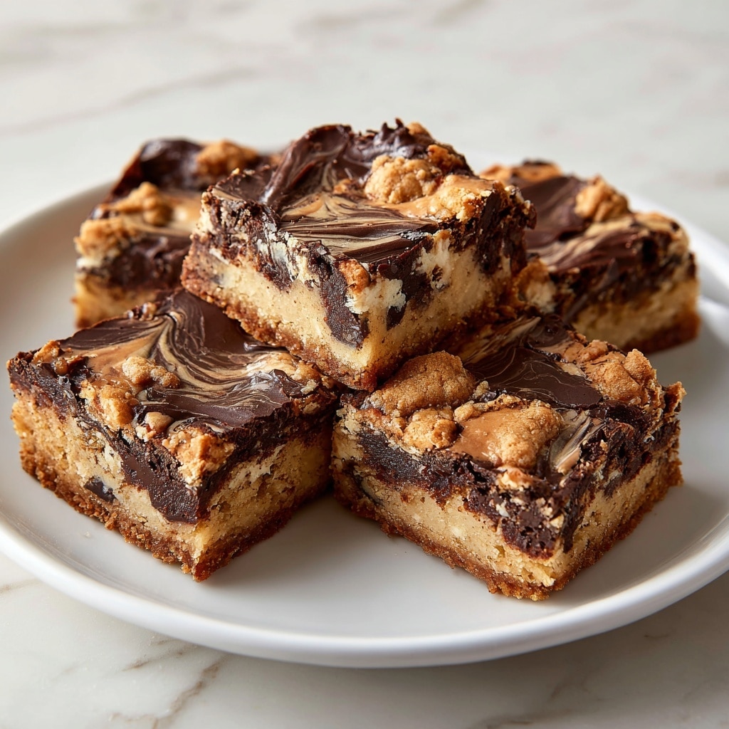 The image shows a close-up of a square dessert bar placed on a black cooling rack over a white marbled surface. The bar has two main layers: the bottom layer is a light brown, crumbly cookie base with a slightly grainy texture, and the top layer is swirled with dark brown chocolate, creating a marbled effect that covers the entire top of the bar. The edges of the bar look slightly crispy, while the center appears soft and chewy. Other similar bars are visible blurred in the background. Photo taken with an iphone --ar 4:5 --v 7