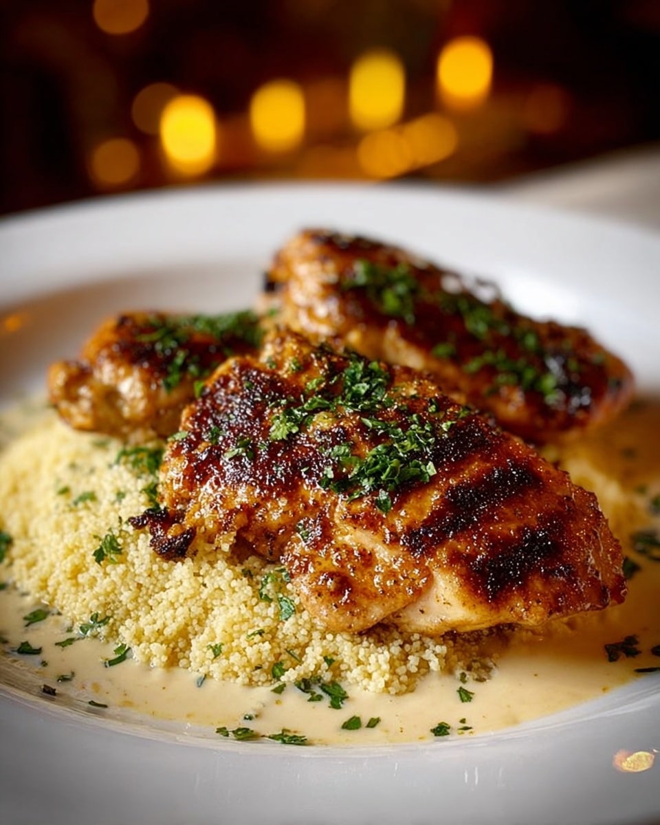 The dish shows two pieces of golden brown, grilled chicken placed on a bed of soft, light yellow couscous. The chicken has a crispy texture with some dark grill marks and is sprinkled with bright green chopped herbs on top. Around the edges, there is a creamy light sauce that slightly pools on the white plate. The whole presentation sits on a white marbled surface with warm, blurred lights in the background, creating a cozy atmosphere. photo taken with an iphone --ar 4:5 --v 7