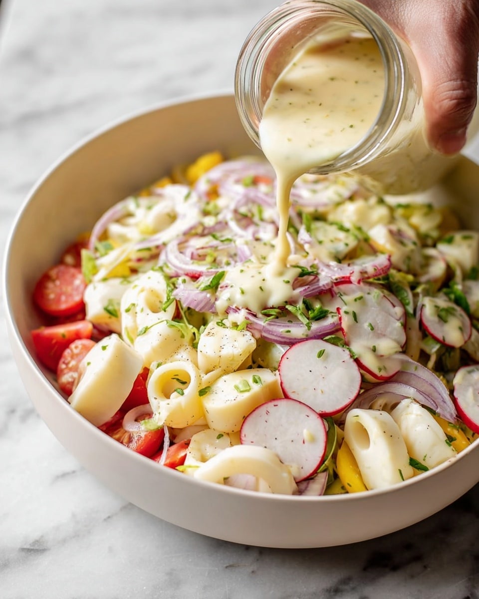 A white bowl filled with a colorful pasta salad featuring three main layers: small shell pasta in a creamy white sauce forms the base layer, scattered with yellow banana peppers and chopped fresh herbs on top. Thin slices of red onion and radishes add pink and red tones, mixed evenly throughout. The bowl is placed on a white marbled surface alongside a glass of light yellow dressing and a pink cloth napkin holding a silver fork and spoon. Photo taken with an iphone --ar 4:5 --v 7