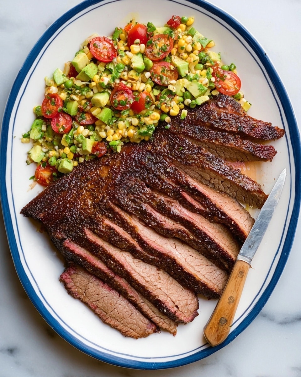 The image shows a white oval plate with a blue rim holding two main items. On the right side of the plate, there is a large piece of sliced beef brisket, cooked with a dark brown crust outside and a pinkish center. The slices are arranged neatly, overlapping each other. On the left side, there is a colorful salad made of corn, diced avocado, halved cherry tomatoes, small green peas or edamame, and chopped herbs, all mixed and vibrant in color. A knife with a wooden handle rests beside the brisket. The plate is placed on a white marbled surface. Photo taken with an iphone --ar 4:5 --v 7