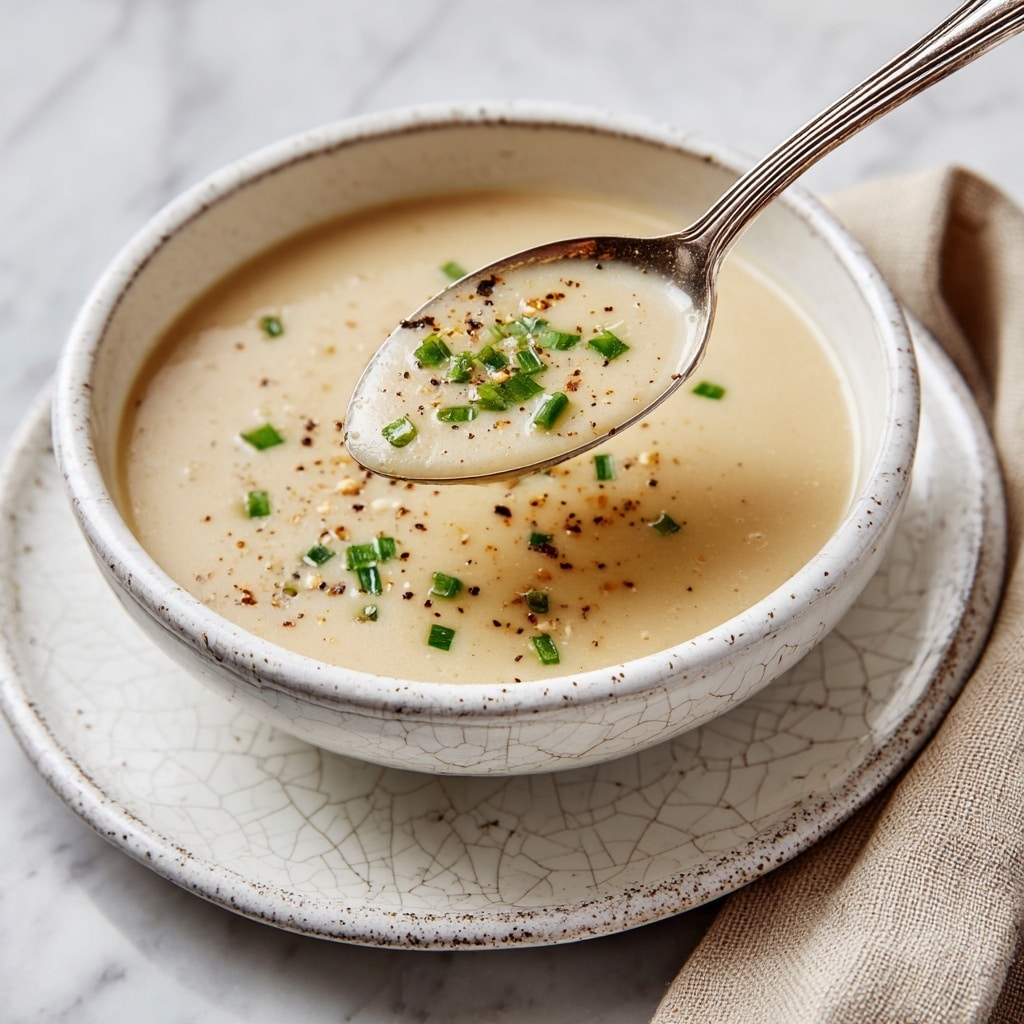 A close-up image shows a creamy beige soup in a white bowl with a smooth texture and tiny specks of seasoning throughout. A silver spoon lifts some soup from the bowl, revealing a soft, velvety surface with small green herbs and pepper bits floating on top. The soup has a consistent pale tan color with scattered chopped green chives, adding a fresh touch. The background is a white marbled surface. photo taken with an iphone --ar 4:5 --v 7