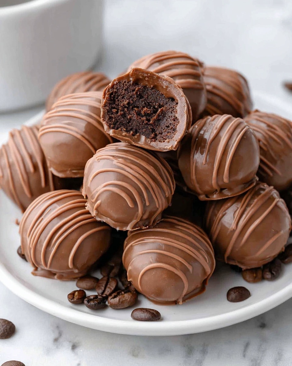 A white plate holds a pile of round chocolate truffles with a smooth, milk chocolate outer layer drizzled with slightly lighter chocolate lines on top, adding texture and pattern. One truffle is broken open and placed on top, revealing a dense, rich, dark chocolate filling with a fudgy and moist texture inside. Scattered coffee beans rest around the bottom of the plate, which sits on a white marbled surface. Photo taken with an iphone --ar 4:5 --v 7