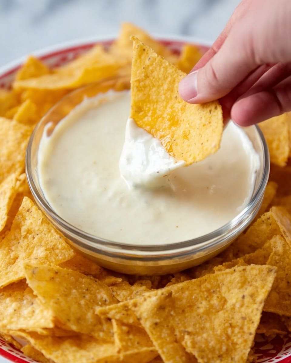 A round white plate with a colorful striped rim holds a pile of golden brown tortilla chips arranged in a ring around a clear glass bowl filled with smooth, creamy white cheese dip in the center. The chips have a crispy texture with some slightly curled edges and light brown spots. In the background, two green jalapeños lie on a white marbled surface along with a red and white striped cloth casually draped. The lighting is bright, giving the food a fresh and inviting look. photo taken with an iphone --ar 4:5 --v 7