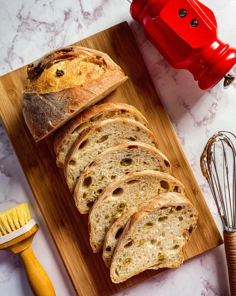 A wooden cutting board holds a loaf of sliced bread with a golden-brown crust and a soft, light brown inside dotted with green olives. The loaf is cut into seven uneven slices, arranged neatly but slightly overlapping, showing the bread’s airy texture and olive pieces. Above the cutting board, a bright red pepper grinder with a sleek design sits upside down. To the right, a kitchen utensil with a wooden handle and a twisted metal whisk rests on the white marbled surface. A small brush with yellow bristles is partially visible in the bottom left corner. photo taken with an iphone --ar 4:5 --v 7
