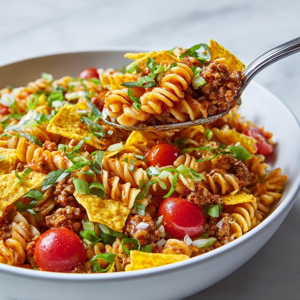 A close-up of a white shallow bowl filled with a colorful pasta salad mixture arranged in layers; the base layer is made of twisted rotini pasta coated in a glossy orange sauce, mixed with small pieces of browned ground meat. On top, there are bright yellow broken tortilla chip pieces scattered across along with halved red cherry tomatoes, green chopped scallions, and fresh chopped parsley sprinkled evenly. The textures vary from crunchy chips to tender pasta and juicy tomatoes, all sitting on a white marbled surface. Photo taken with an iphone --ar 4:5 --v 7