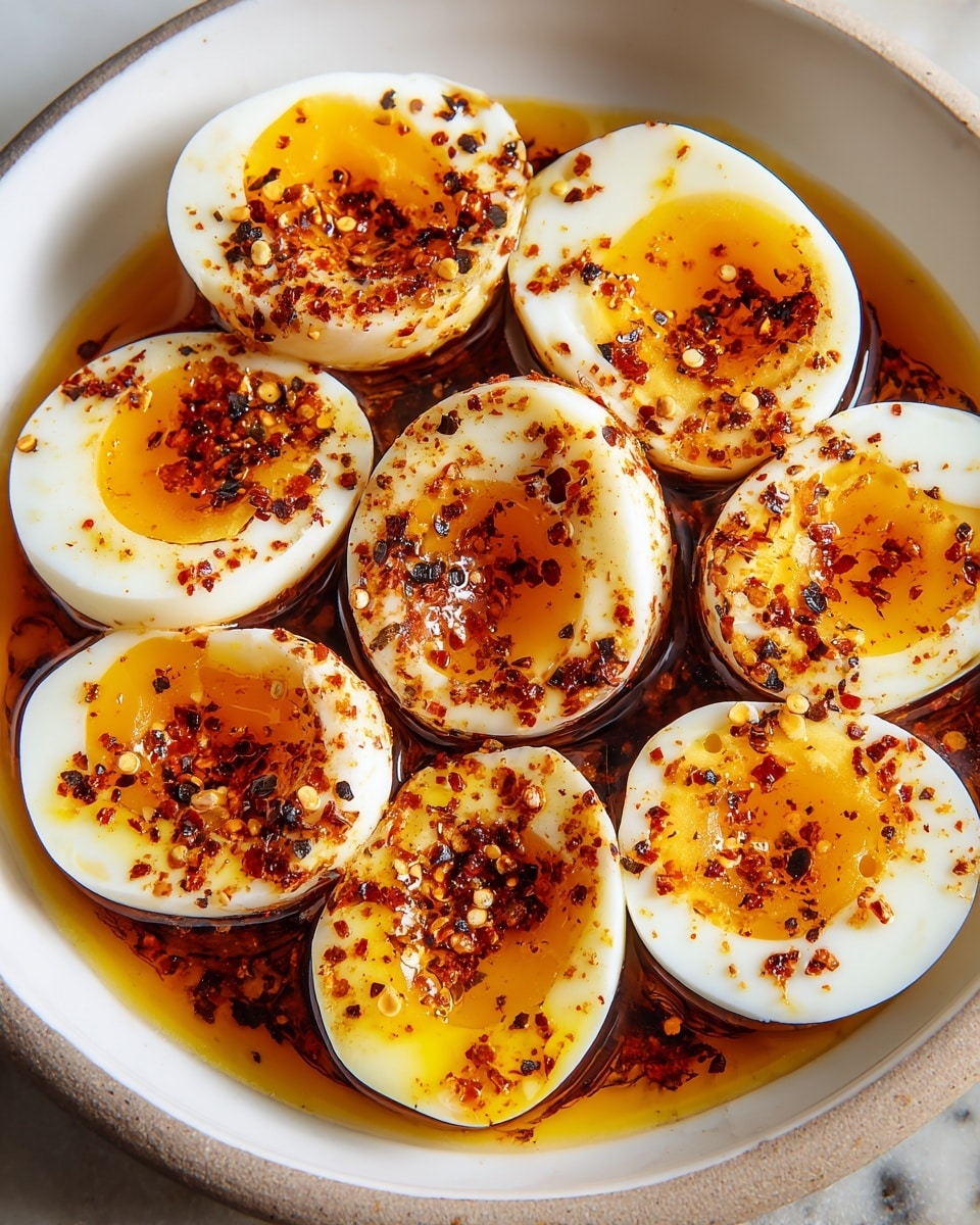 A white plate holds four boiled eggs, each covered in a thick layer of red and brown spicy sauce sprinkled with chopped green herbs. The eggs are placed close together, sitting in a pool of oily, reddish-brown liquid mixed with green herbs, creating a vibrant contrast. A lemon wedge is partially visible in the top left corner on a white marbled surface. The photo taken with an iphone --ar 4:5 --v 7