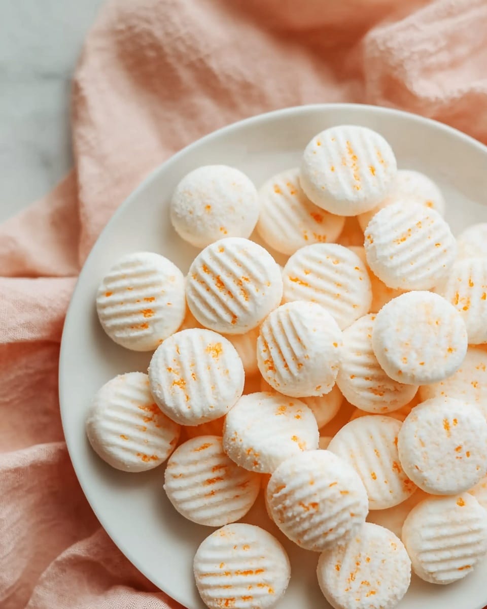 The image shows several small round treats stacked closely together in a white bowl, each piece with a pale creamy white base accented by small specks of light orange dispersed throughout. The tops of the treats have distinct parallel ridges from fork marks, giving a textured look. The overall impression is soft and slightly crumbly with a smooth, matte finish. In the background, there is a soft peach-colored cloth out of focus, all set against a white marbled surface. photo taken with an iphone --ar 4:5 --v 7