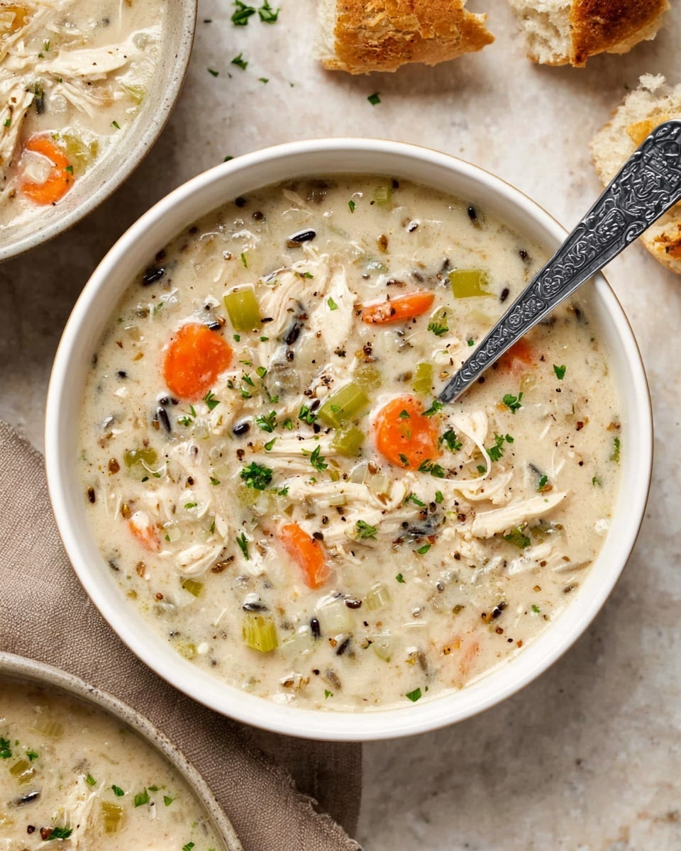 A close-up of a thick creamy soup in a black slow cooker, showing a metal ladle lifting a spoonful of the soup with visible chunks of orange carrot slices, light green celery pieces, small bits of chicken, and specks of herbs in a white creamy broth. The slow cooker is placed on a white marbled texture surface. The soup looks rich and hearty with soft textures of the vegetables and chicken mixed evenly in the creamy base. Photo taken with an iphone --ar 4:5 --v 7