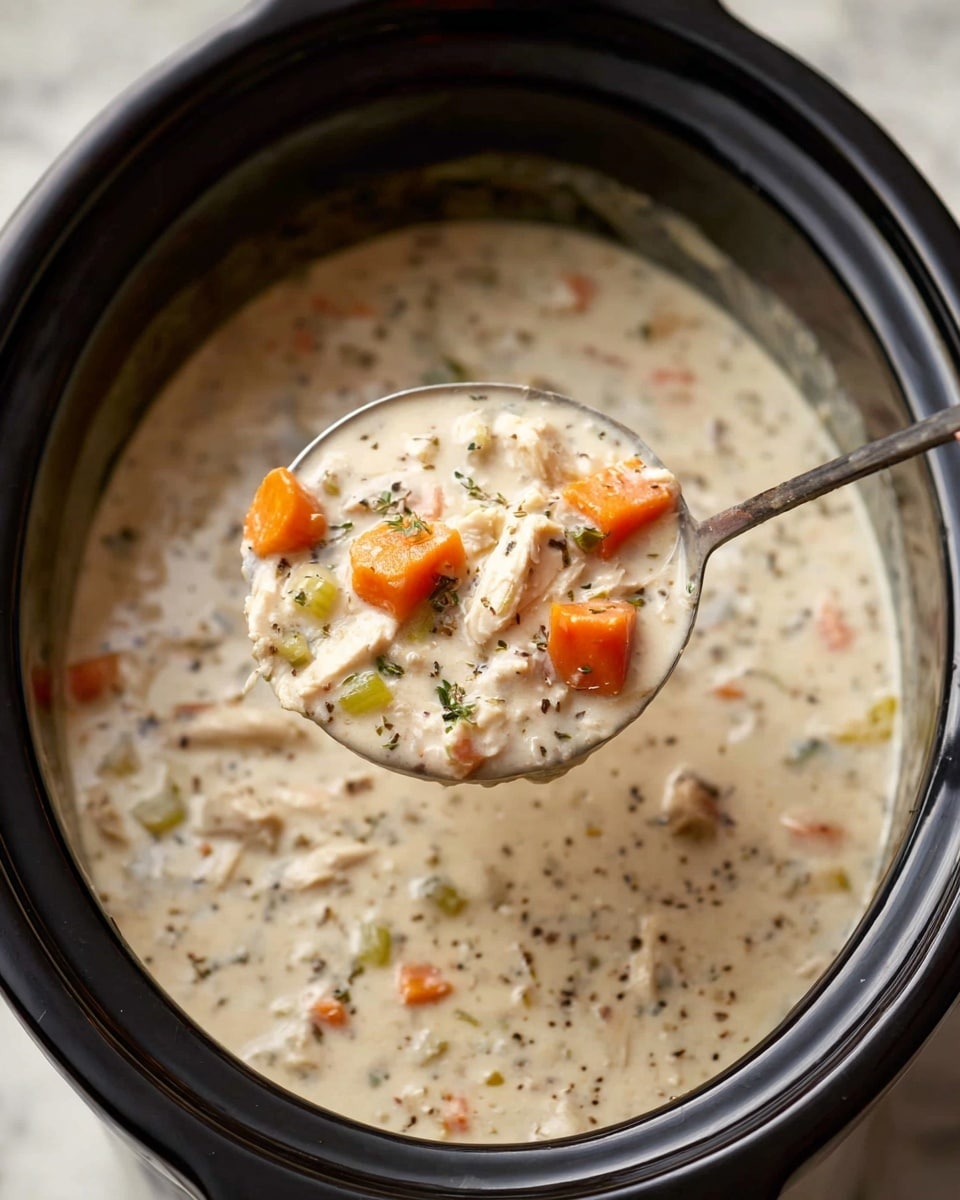 A close-up view of a bowl filled with thick creamy chicken soup that has visible layers of shredded white chicken pieces, bright orange carrot slices, light green celery chunks, and small black rice grains mixed in a rich, off-white broth. The surface is sprinkled with bits of chopped green herbs and a little black pepper. A silver spoon with intricate patterns rests inside the bowl, slightly submerged in the soup. The bowl is white and sits on a white marbled textured surface, with a partly torn piece of golden crusty bread and another bowl of soup just peeking into the frame. Photo taken with an iphone --ar 4:5 --v 7