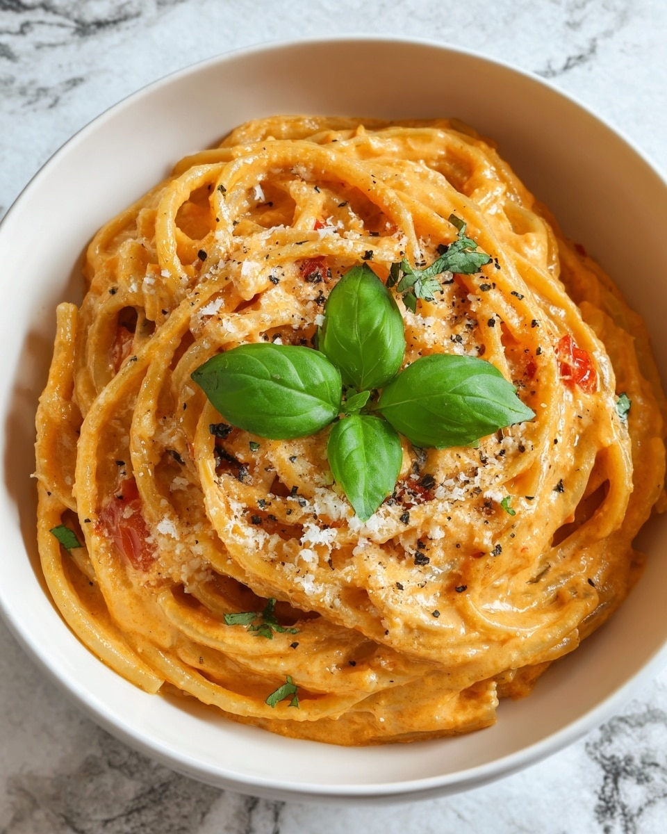 The image shows a close-up of a white bowl filled with spaghetti coated in a creamy light orange sauce, mixed evenly with small pieces of red tomatoes and green herbs scattered throughout. The pasta strands are long and smooth, intertwined and lifted slightly by a silver fork, showing the texture of the sauce clinging to the noodles. The bowl sits on a white marbled surface, with blurred greenery and a tomato in the background adding natural color contrast. The overall look is warm and inviting, with a soft focus on the rich pasta dish. photo taken with an iphone --ar 4:5 --v 7