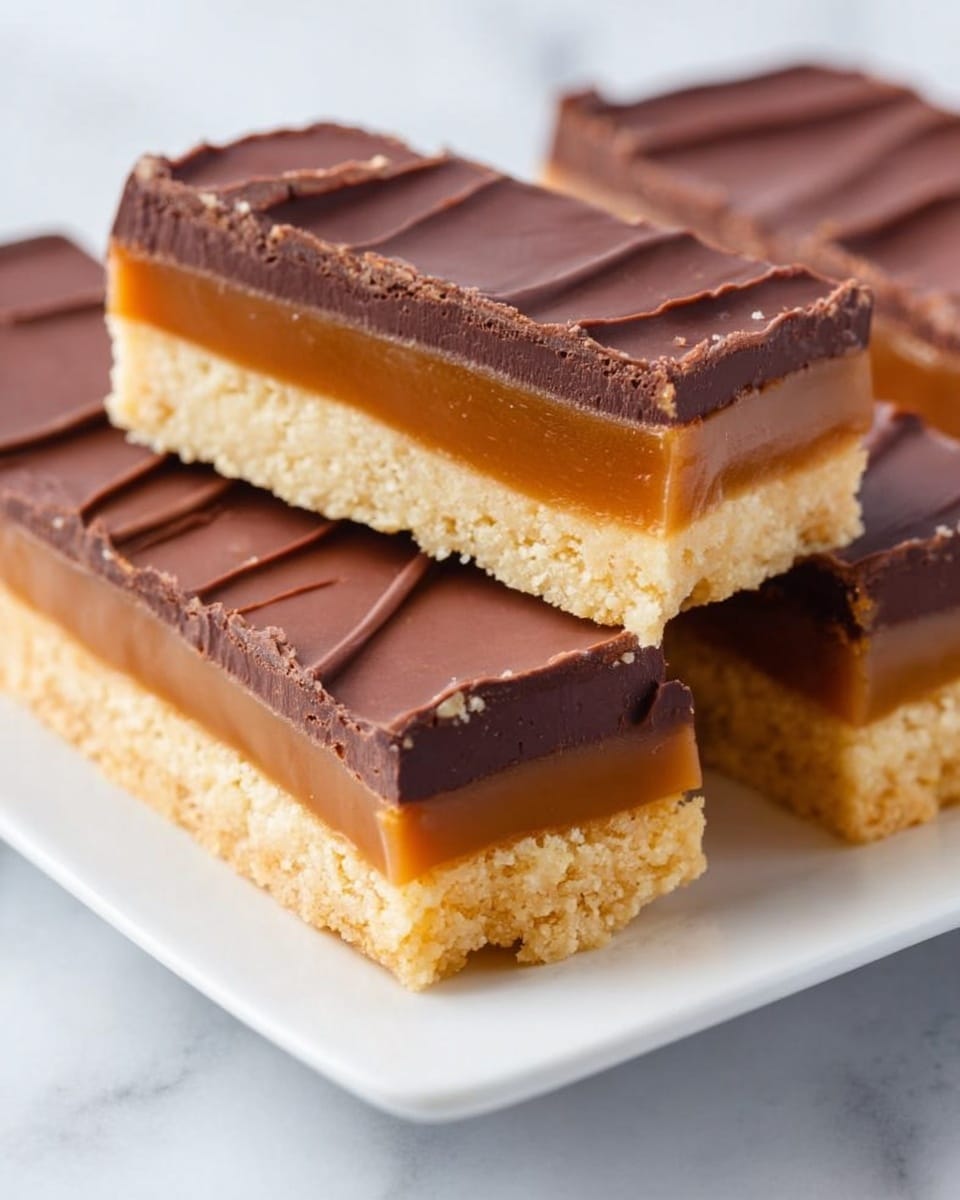 The image shows a close-up of three rectangular dessert bars arranged neatly on a white plate, placed on a white marbled surface. Each bar has three distinct layers: the bottom layer is a light golden crumbly shortbread base, the middle layer is a smooth, thick caramel with a rich amber color, and the top layer is a dark brown chocolate layer with a slightly shiny and smooth texture that has gentle, wavy ripples across its surface. The edges of the chocolate layer are clean but uneven, showing a delicate break along the top. Photo taken with an iphone --ar 4:5 --v 7