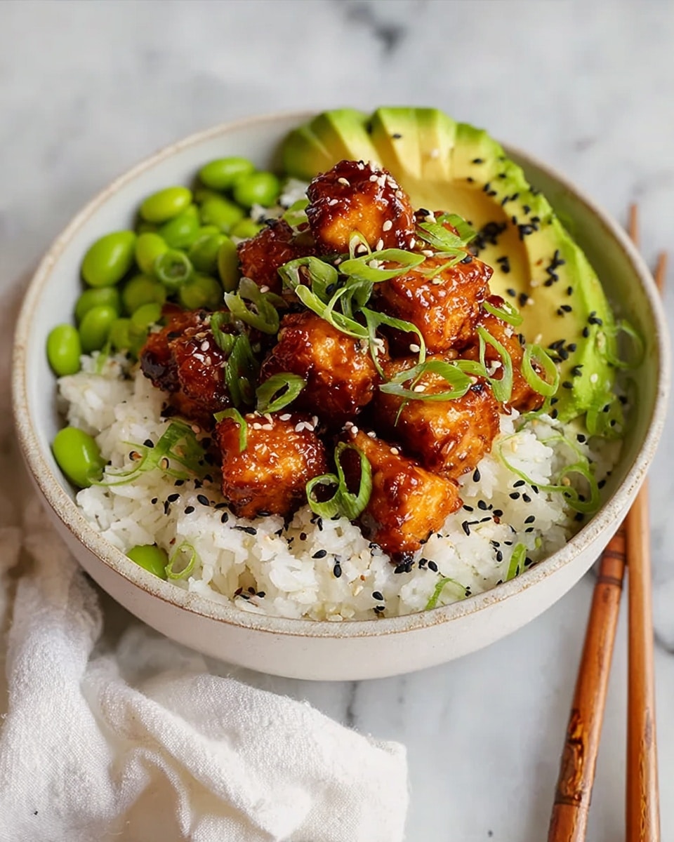 A white bowl filled with a base layer of fluffy white rice sprinkled with black and white sesame seeds. On top, there is a generous stack of golden-brown glazed tofu cubes coated in a shiny, sticky sauce, garnished with thinly sliced green onions. To one side of the tofu, bright green edamame beans are placed, and on the other side, thin slices of avocado add a smooth texture and pale green color. The bowl sits on a white marbled surface with a neatly folded white cloth and wooden chopsticks beside it. Photo taken with an iphone --ar 4:5 --v 7
