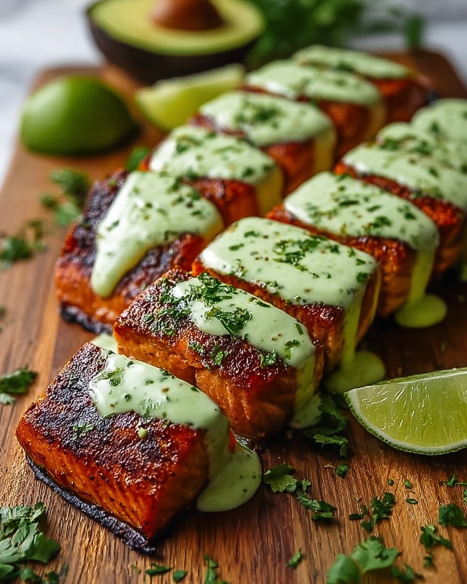 Two thick, golden-brown pieces of grilled salmon sit on a white rectangular plate with a slightly raised edge. Each salmon piece is covered with a creamy, pale green sauce that has small green herb pieces mixed in, flowing slightly down the sides. The salmon has a visible crispy texture with a reddish spice rub on the top. Around the salmon pieces are small green herb leaves sprinkled lightly. On the plate, there are two lime wedges that look juicy and fresh. The plate is set on a white marbled textured surface. photo taken with an iphone --ar 4:5 --v 7
