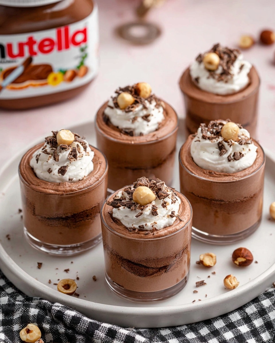 Five clear glass cups filled with rich, light brown chocolate mousse arranged on a white plate. Each mousse has two visible layers: a creamy chocolate base and a slightly textured, airy chocolate top. On top of each cup is a dollop of white whipped cream, sprinkled with small dark chocolate shavings and a few whole or halved hazelnuts, adding a crunchy texture. The plate rests on a black-and-white checkered cloth on a white marbled surface. Behind the mousse cups, the blurred top of a Nutella jar is visible, emphasizing the chocolate flavor. photo taken with an iphone --ar 4:5 --v 7