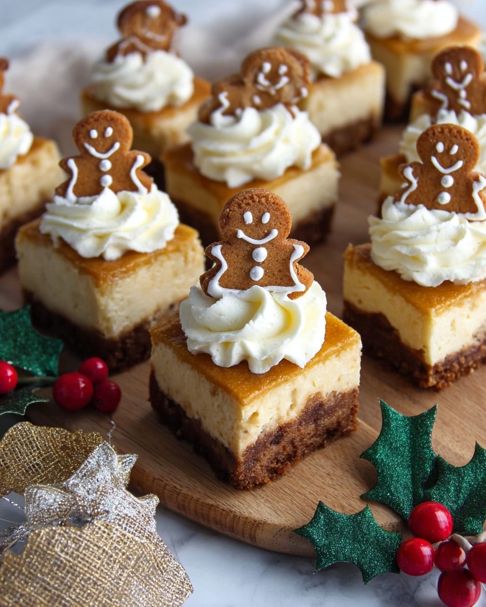 A woman's hand holding a square layered dessert with three visible layers: a dense golden-brown base, a thick swirl of white whipped cream in the middle, and a small light brown gingerbread cookie shaped like a smiling gingerbread man with white icing details on top. In the background, there are more of these dessert squares arranged on a white marbled surface. The image focuses on the detailed texture of the whipped cream and the cookie's icing, making the layers and decoration clear and inviting. photo taken with an iphone --ar 4:5 --v 7