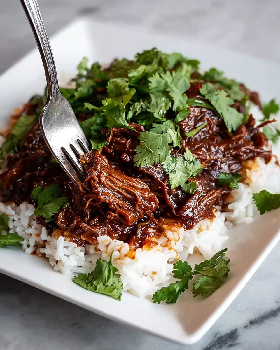 The image shows a white pot filled with rich, dark brown chunks of meat soaked in a glossy, thick sauce. The meat pieces are hearty and tender-looking, coated with the shiny sauce that pools at the pot's bottom. Thin slices of bright green garnish, likely scallions, are scattered on top, adding a fresh texture and color contrast. Tiny white sesame seeds are sprinkled evenly over the meat, giving an extra layer of detail. The pot sits on a white marbled surface with a dark cloth nearby, highlighting the warm and savory appeal of the dish. photo taken with an iphone --ar 4:5 --v 7