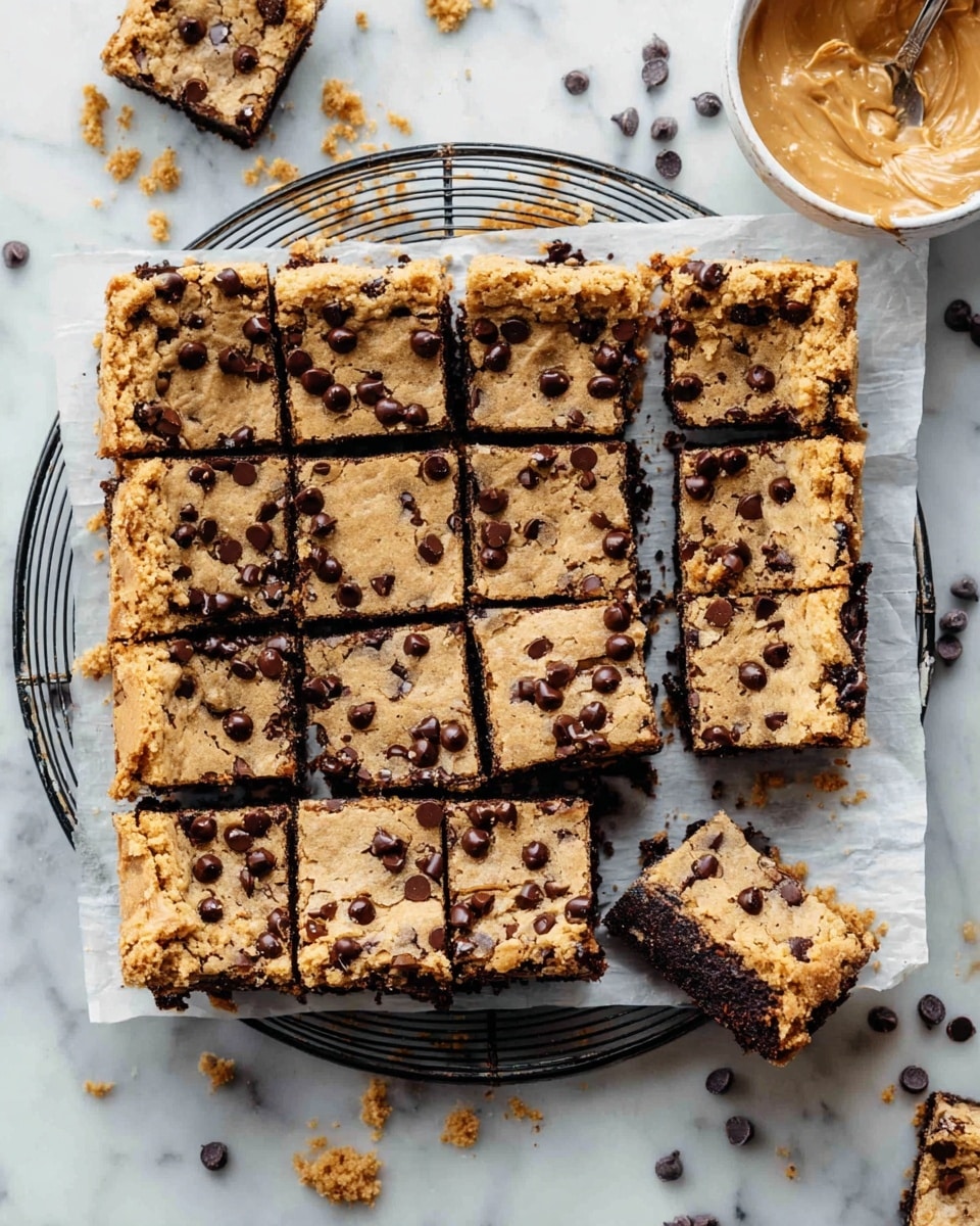 The image shows three stacked chocolate chip cookie bars with a thick and gooey texture. Each bar has a golden brown base layered with melted dark chocolate chips that are slightly melted and scattered throughout. The top layer is crumbly with a mix of lighter and darker golden shades, dotted with melted chocolate bits. The bars are placed on a white marbled surface with a soft focus dark background. photo taken with an iphone --ar 4:5 --v 7