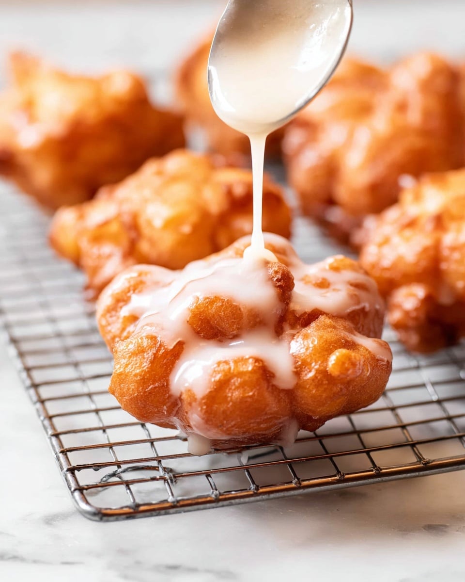 The image shows a golden brown fried dough shaped in a rough flower form, sitting on a wire rack over a baking tray. A spoon held above the dough is dripping thick, white glaze, which starts to coat the uneven surface with glossy white streaks that fill its crevices. The fried dough has a crispy texture with rounded edges and lumps. In the background, there are several more similarly colored fried dough pieces, slightly out of focus, all resting on the wire rack. The surface underneath is a white marble texture. photo taken with an iphone --ar 4:5 --v 7