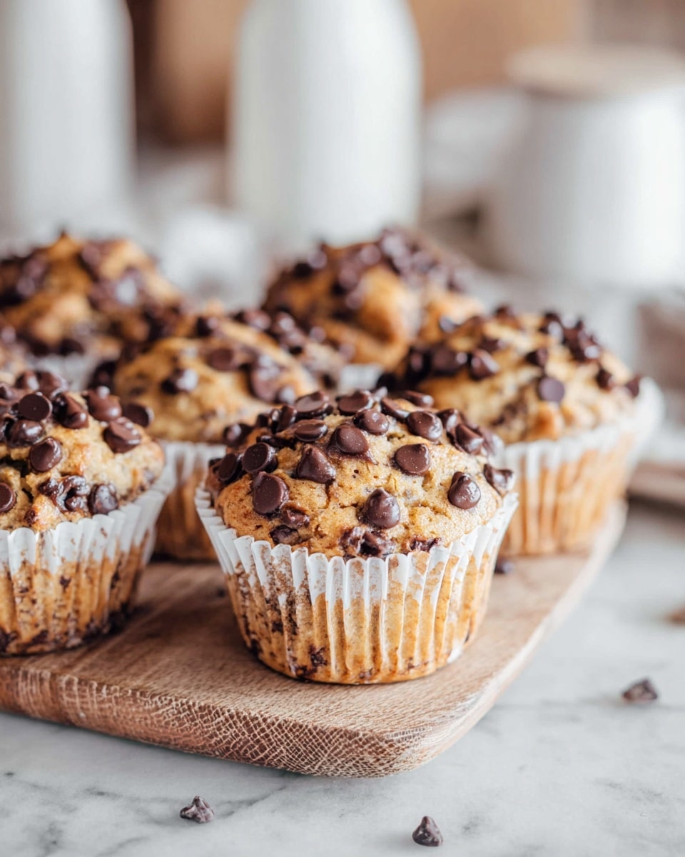 A close-up of a single chocolate chip muffin partially peeled from its white paper liner, showing a moist and crumbly texture with melted chocolate chips visible throughout, the top layer featuring large shiny chocolate chips that are slightly melted and glossy, sitting on a white marbled surface; in the background, there are more muffins on a white cake stand, softly blurred. photo taken with an iphone --ar 4:5 --v 7