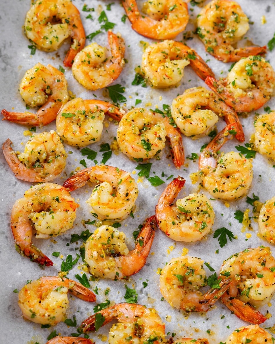 A white plate holds a generous pile of cooked shrimp with the orange tails intact, showing a curved shape and white-pink flesh. The shrimp are coated with a light golden sauce that has a slightly oily texture, sprinkled evenly with green dried herbs and small black pepper flakes. The shiny sauce pools slightly at the base of the shrimp, giving a glossy look, and the background is a soft white marbled texture with a blurred striped cloth in the distance. photo taken with an iphone --ar 4:5 --v 7