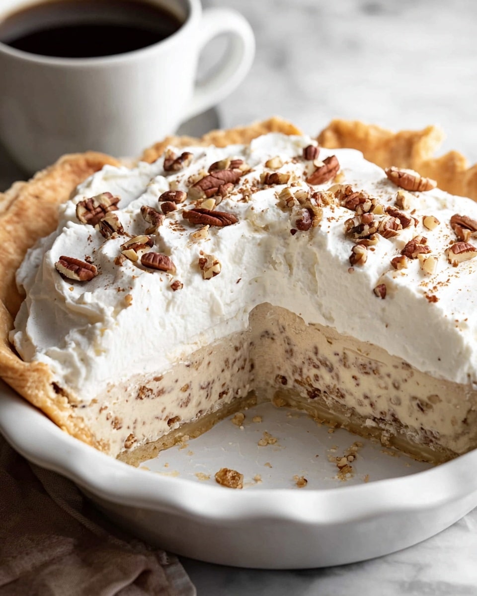 A creamy nut pie with three visible layers in a white pie dish: the bottom layer is a light golden-brown flaky crust, the middle layer is a beige creamy filling mixed with small brown nut pieces, and the top layer is thick, fluffy white whipped cream sprinkled with chopped pecans. The pie has a slice cut out, showing the layers clearly. In the background, there is a white cup filled with dark coffee on a white marbled surface. photo taken with an iphone --ar 4:5 --v 7