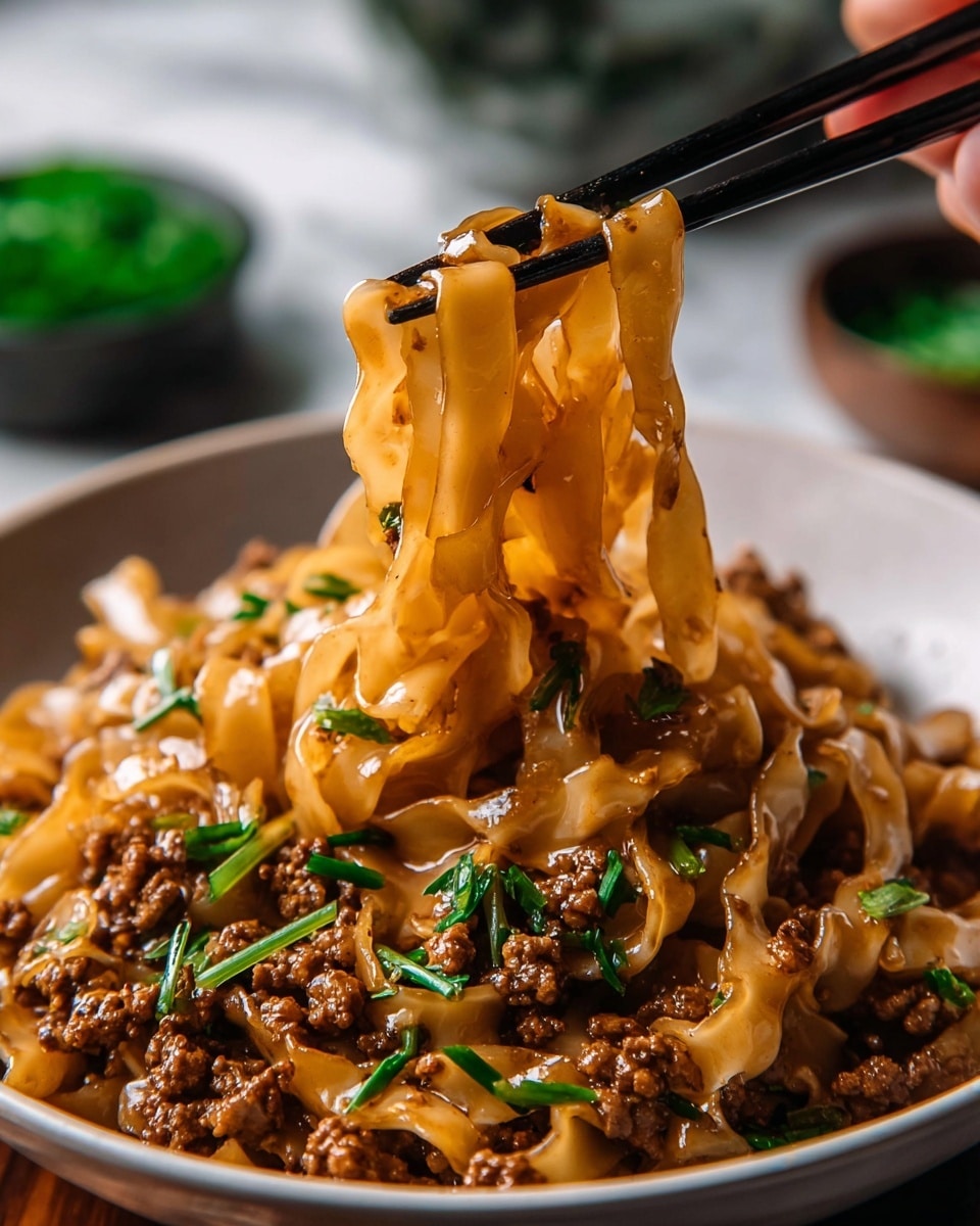 This image shows a white bowl filled with three main layers: wide, flat noodles in a light golden color with a glossy sauce coating, small brown pieces of cooked minced meat scattered evenly over the noodles, and chopped green onions sprinkled on top. A pair of brown chopsticks is lifting some noodles mixed with meat, showing their soft and slightly shiny texture. The bowl sits on a white marbled surface with some chopped green onions around it. The background is blurred with hints of green, suggesting fresh ingredients nearby. photo taken with an iphone --ar 4:5 --v 7
