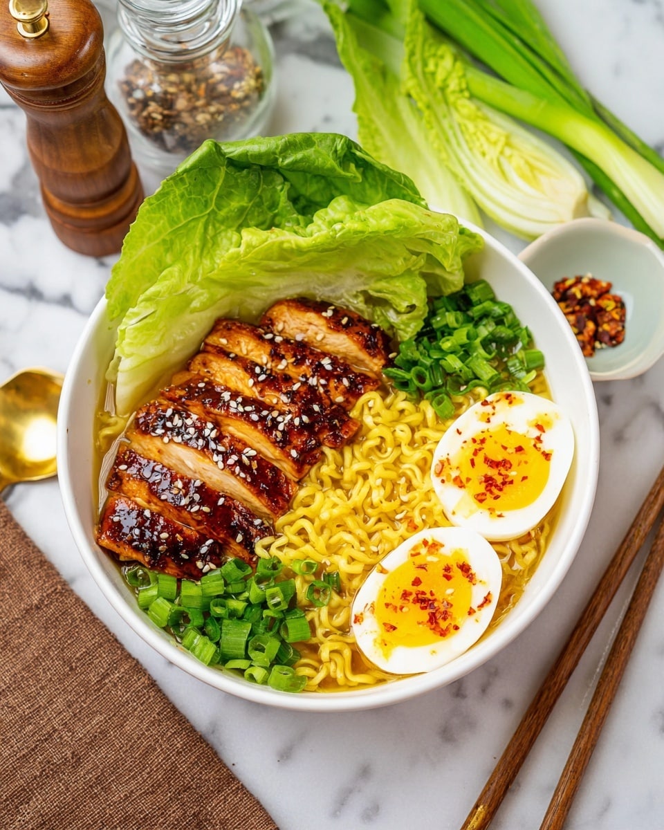 A white bowl filled with yellow ramen noodles topped with chopped green onions. On the left side, there are four pieces of glazed grilled chicken sprinkled with white sesame seeds. On the right side, two halves of a hard-boiled egg with yellow yolks and white edges are seasoned with black and red pepper flakes. At the top of the bowl, there are two light green bok choy leaves. The bowl is placed on a soft green checkered cloth on a white marbled surface, next to a golden spoon. Photo taken with an iphone --ar 4:5 --v 7