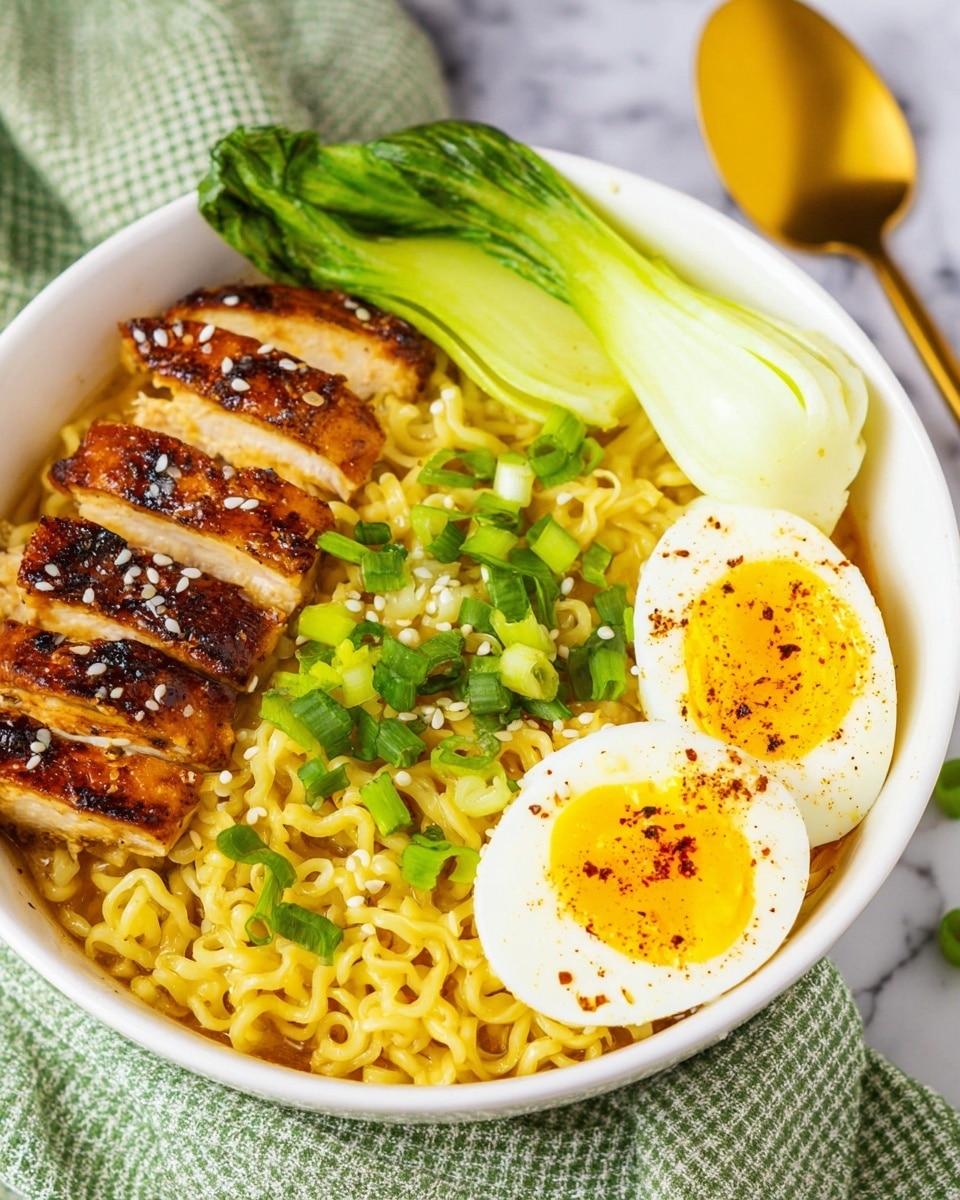 A white bowl holds a visually appealing ramen dish with four main layers: the bottom layer is yellow, wavy noodles in broth; on top of the noodles are evenly sliced pieces of glossy, dark brown grilled chicken sprinkled with white sesame seeds on the left side; fresh bright green chopped scallions cover the center; to the upper left, crisp, large, leafy green lettuce rests. On the right side, there are two halves of a boiled egg with bright yellow yolks and white edges sprinkled with chili flakes, all resting on a white marbled surface. Nearby, there are wooden chopsticks, a gold spoon, a cluster of fresh green scallions, a glass jar, a pepper grinder, and a small white dish with light brown spices. Photo taken with an iphone --ar 4:5 --v 7
