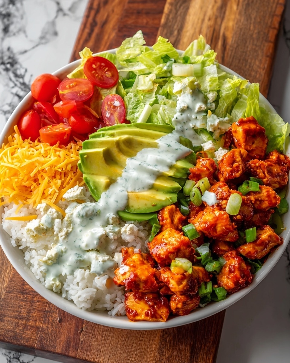 A white bowl filled with several layers starting at the bottom with a bed of white rice. On top, there is a layer of chopped green lettuce covering half of the bowl. On one side, there are bright red halved cherry tomatoes placed next to a mix of shredded yellow and white cheese. Next to the lettuce is a smooth, fan-shaped layer of fresh avocado slices. The right half of the bowl is covered with chunks of bright orange, saucy grilled chicken topped with small pieces of green onion. White ranch or blue cheese dressing is drizzled over the lettuce, tomatoes, chicken, and some cheese. The bowl is set on a wooden board that contrasts with a white marbled background. Photo taken with an iphone --ar 4:5 --v 7