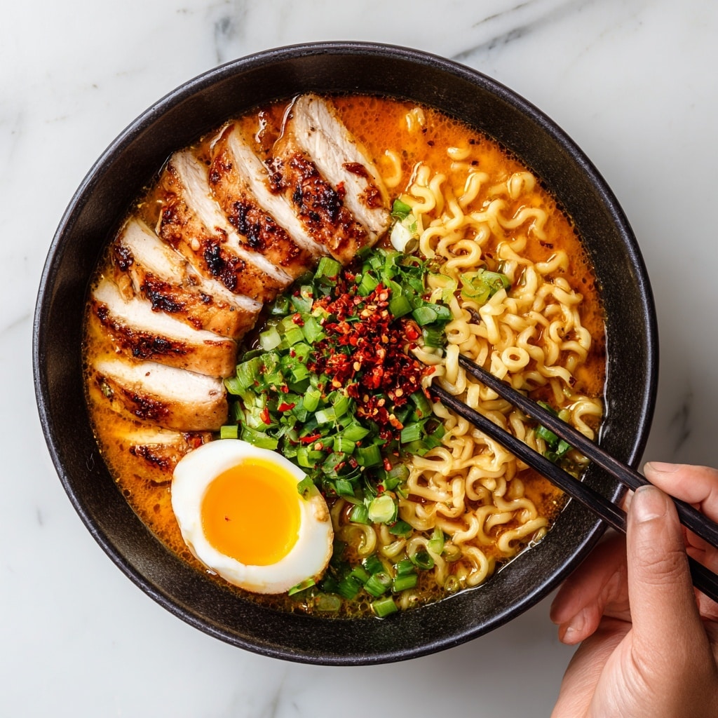 A black bowl filled with four layers of ramen. The base layer is orange broth with a smooth, slightly oily texture. The second layer is curly yellow noodles partly lifted on the right side by a pair of black chopsticks held by a woman's hand. On the left side, there are five slices of grilled chicken with a charred, browned surface and white inside, arranged in a fan shape. Behind the chicken is a half boiled egg with a bright orange yolk and white edge. The top layer is green chopped scallions sprinkled with red chili flakes spread across the middle. The bowl rests on a white marbled surface. photo taken with an iphone --ar 4:5 --v 7