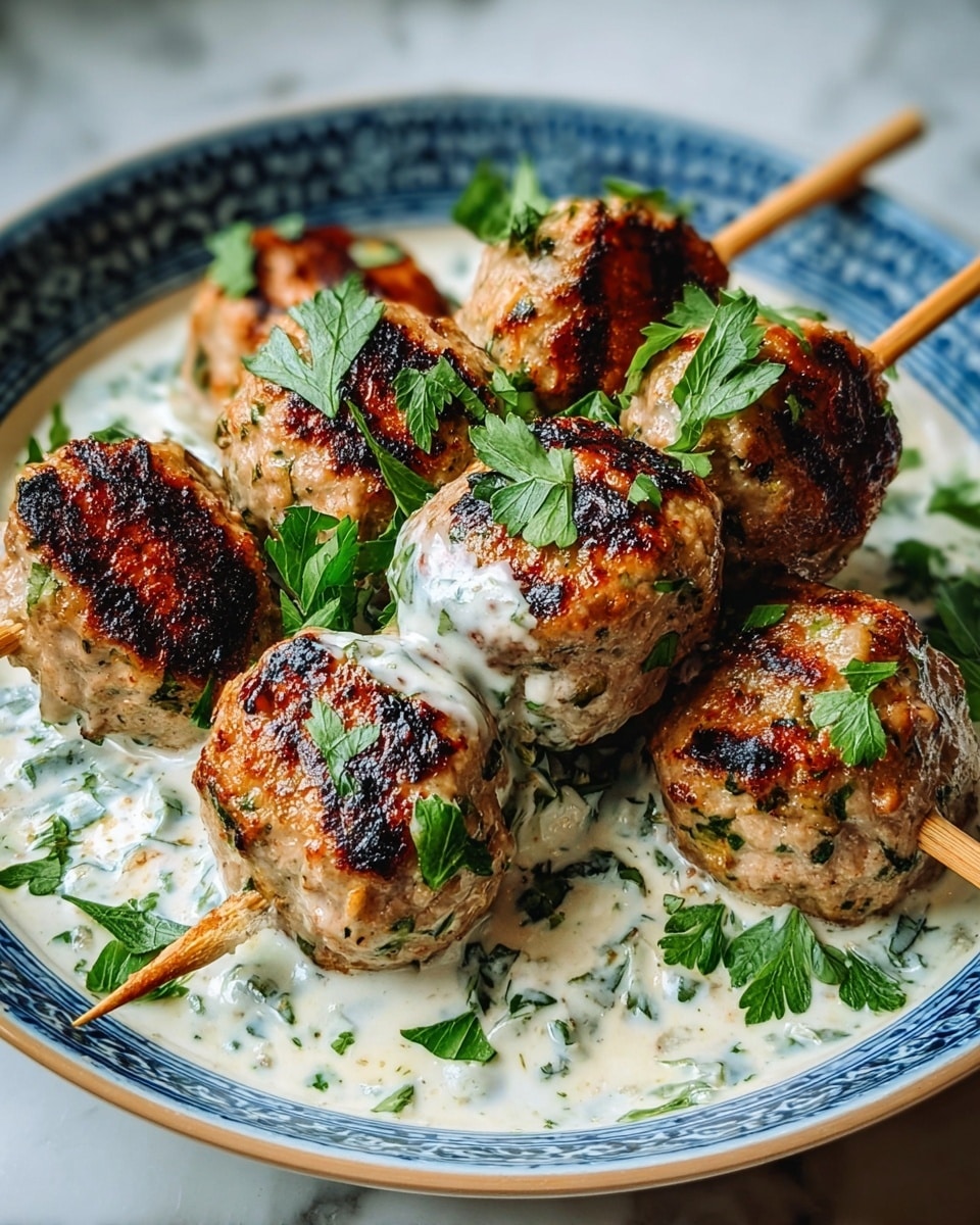 The image shows a brown bowl filled with a creamy white sauce with green herbs mixed in. On top, there are seven pieces of golden brown, slightly charred grilled meatballs, arranged closely together. Small green herb leaves are sprinkled over the meatballs and sauce for garnish. The bowl sits on a white marbled surface. Photo taken with an iphone --ar 4:5 --v 7