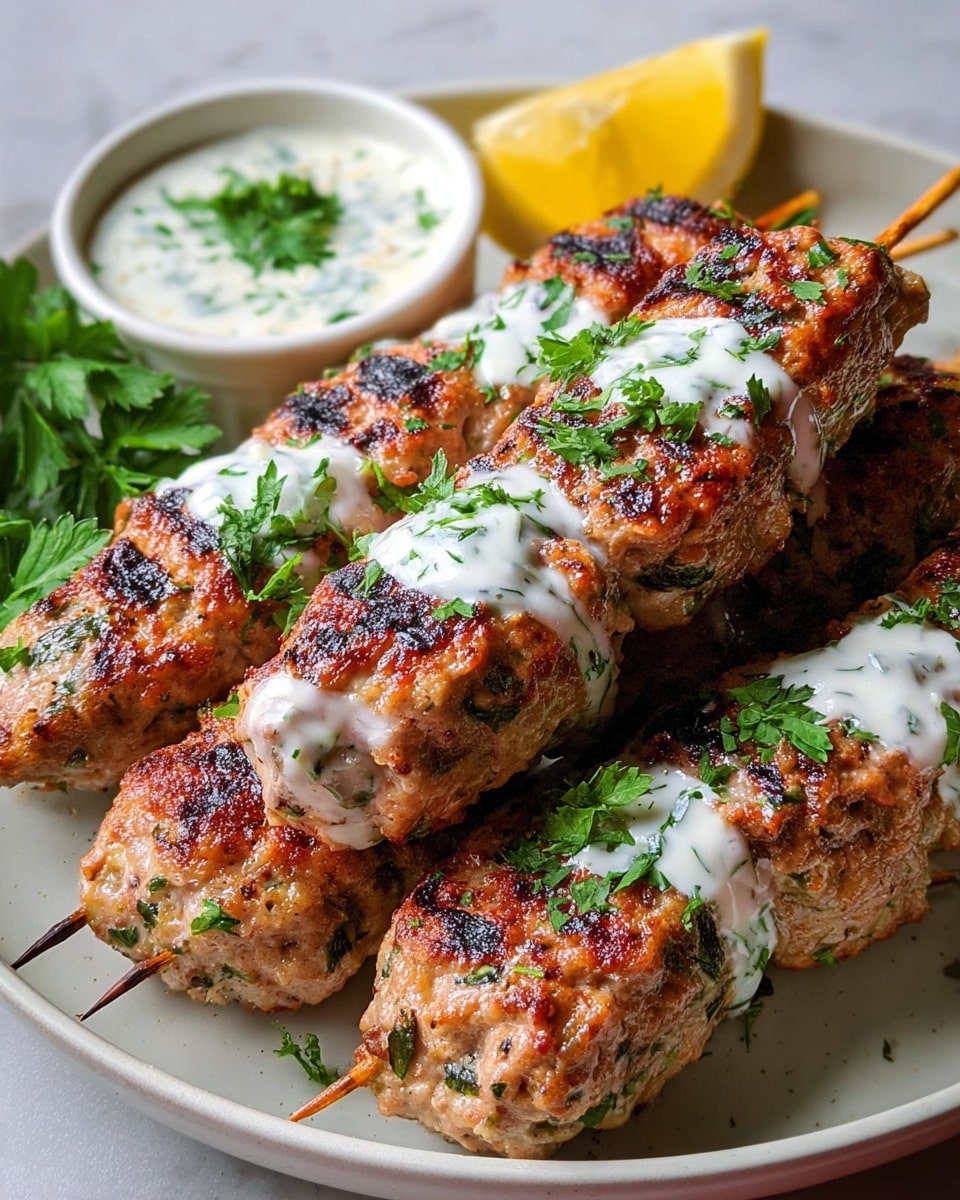 The image shows a plate of grilled meat skewers and meatballs, with a total of six pieces: three round meatballs and three oval meat skewers on wooden sticks. Each piece is golden brown with visible char marks and herbs inside the meat. The dish is covered in a white creamy sauce with green herb bits scattered across it. Fresh green parsley leaves are sprinkled on top and around the meat, adding color contrast. The food is served in a wide, shallow white plate with a blue patterned rim, set on a white marbled surface. photo taken with an iphone --ar 4:5 --v 7