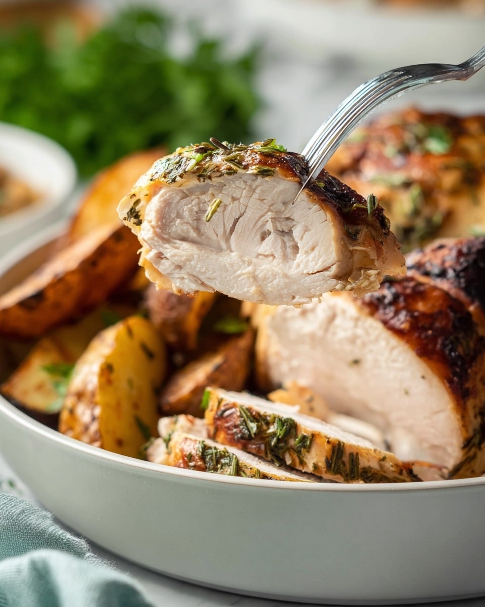 A large white oval dish holds two large pieces of grilled chicken breast with golden brown, slightly charred skin, one piece sliced into thick white meat strips, arranged on either side of the dish. Between the chicken pieces, there is a small bowl filled with creamy light beige sauce speckled with herbs. Around the chicken and sauce, thick potato wedges with a golden crispy exterior are scattered. Fresh green parsley sprigs are placed on top of the chicken and around the edges of the dish. The dish sits on a white marbled surface with a beige cloth draped gently nearby. Photo taken with an iphone --ar 4:5 --v 7