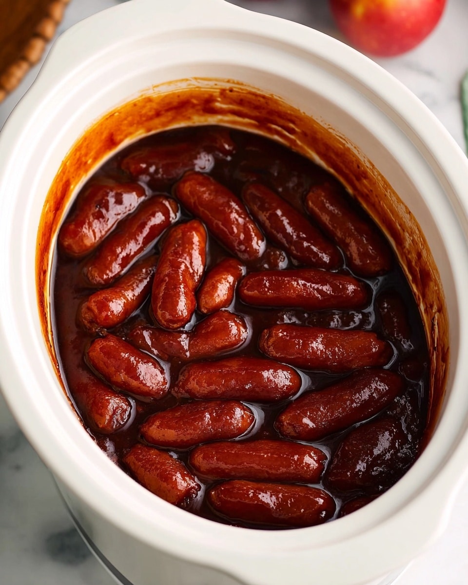 A white plate with many small sausages covered in shiny, thick, dark red barbecue sauce piled high, each sausage smooth and glistening with sauce, and some having a bamboo skewer with a looped top stuck in them, all set against a white marbled textured surface with an apple and a kitchen appliance blurred in the background photo taken with an iphone --ar 4:5 --v 7