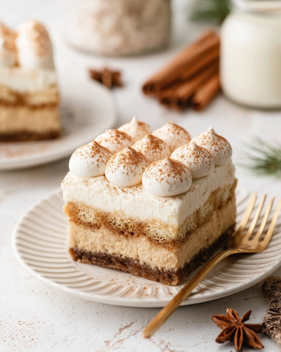 A square slice of dessert is on a white plate with ridged edges, showing three main layers: a bottom creamy light beige layer, a middle layer of soft brown cake, and a top layer of fluffy white whipped cream dollops sprinkled with light brown cinnamon powder. A gold fork holds a small piece of the dessert, focusing on the soft textures and the light dusting of cinnamon on top. The white marbled surface beneath the plate adds subtle texture, and cinnamon sticks lie near the plate’s edge. Photo taken with an iphone --ar 4:5 --v 7