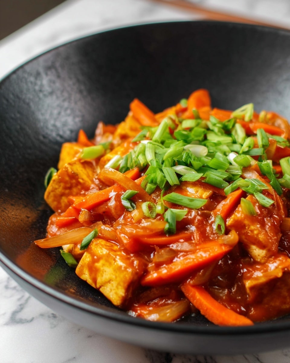 A close-up image of a black bowl filled with a dish of triangular, golden-brown pieces coated in a thick reddish-orange sauce mixed with thin orange carrot strips and garnished with bright green chopped scallions scattered on top and throughout. Above the bowl, black chopsticks held by a woman's hand lift a piece of the triangular item with some scallions and sauce dripping slightly. The background shows a soft neutral fabric, and the bowl is set on a white marbled surface. photo taken with an iphone --ar 4:5 --v 7