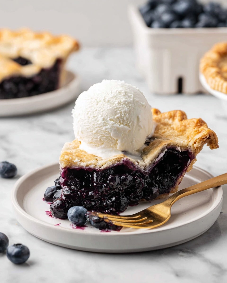 A slice of blueberry pie with a thick, golden-brown crust on top, sitting on a white plate. The inside layer shows dark, juicy blueberries oozing slightly with a glossy texture. On top of the pie is a large scoop of creamy white vanilla ice cream beginning to melt, adding a smooth contrast to the pie’s texture. A gold fork rests next to the pie on the plate, with a few blueberries scattered around on the white marbled surface. In the background, a white container filled with fresh blueberries and another plate with a pie slice can be seen softly out of focus. Photo taken with an iphone --ar 4:5 --v 7