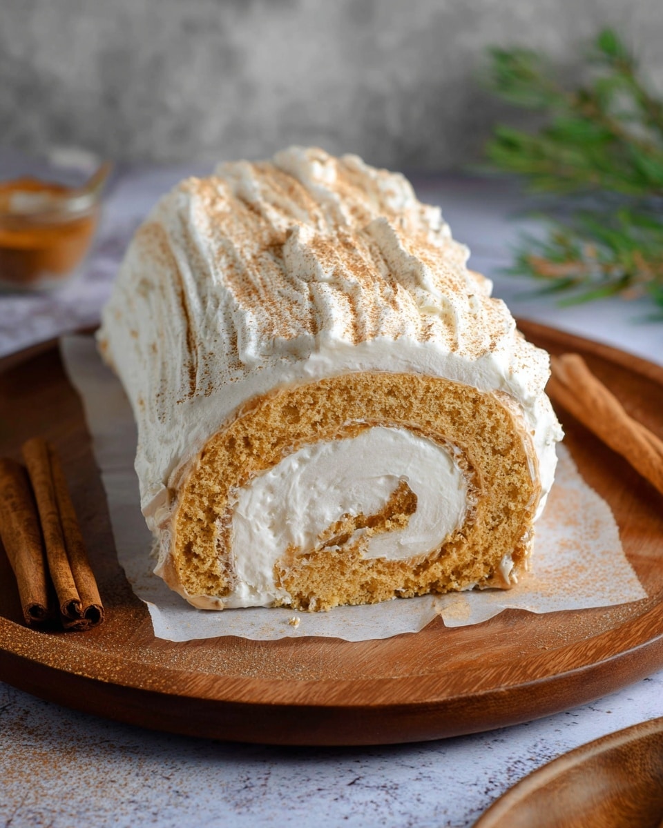 This image shows a slice of light brown Swiss roll cake on a white plate, with a thick, smooth white cream filling rolled inside the cake layer. The cake slice has a curled swirl shape with the cake on the outside and the cream filling inside. Some cream frosting is spread around the edge of the slice on the plate, and a small piece of cake with cream is on a gold fork resting on the plate. In the background, the rest of the larger Swiss roll, with the same light brown cake and white cream swirl, is placed on a wooden board on a white marbled surface. Photo taken with an iphone --ar 4:5 --v 7