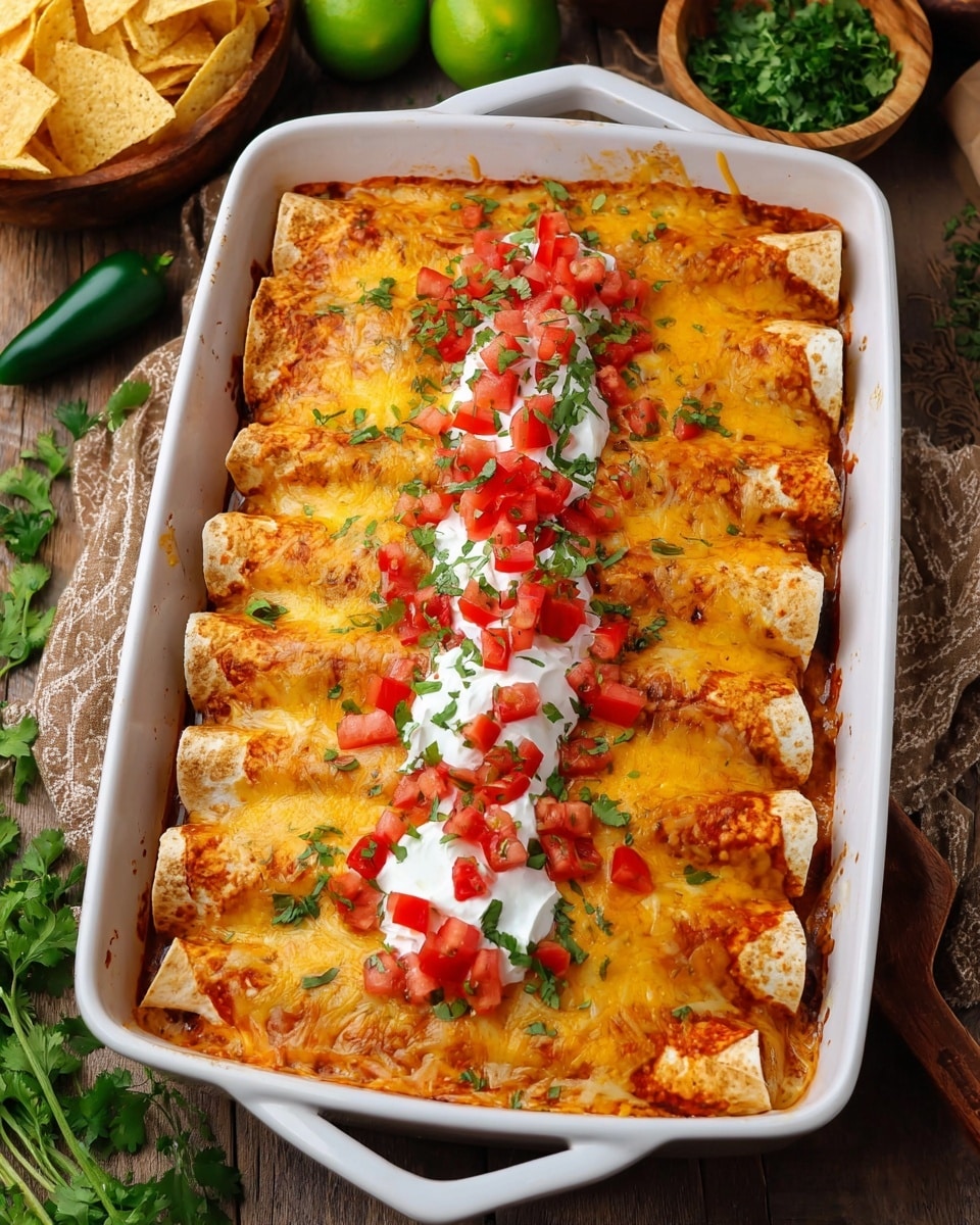 A white baking dish filled with five rolled enchiladas, each covered in melted golden-yellow cheese with slight browned spots on top. Each enchilada is topped with a dollop of white sour cream, bright red diced tomatoes, and small green cilantro leaves scattered over everything. The dish sits on a wooden surface with tortilla chips in the background, whole limes and a jalapeño pepper nearby, and fresh cilantro in a small wooden bowl to the side. photo taken with an iphone --ar 4:5 --v 7