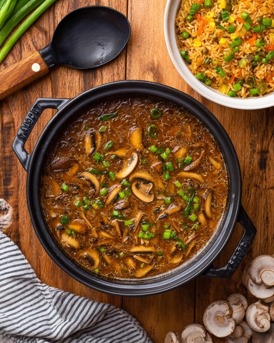 A close-up view of a bowl filled with thick brown soup containing large slices of light brown shiitake mushrooms with dark edges, bright green chopped scallions scattered on top, and thick light beige bamboo shoots partially submerged. The soup has a glossy, slightly translucent texture with visible bits of egg strands and other small ingredients. The bowl is square-shaped, speckled dark gray with a subtle texture, sitting on a white marbled surface. A spoon with a metallic handle is partially submerged in the soup at the back. photo taken with an iphone --ar 4:5 --v 7
