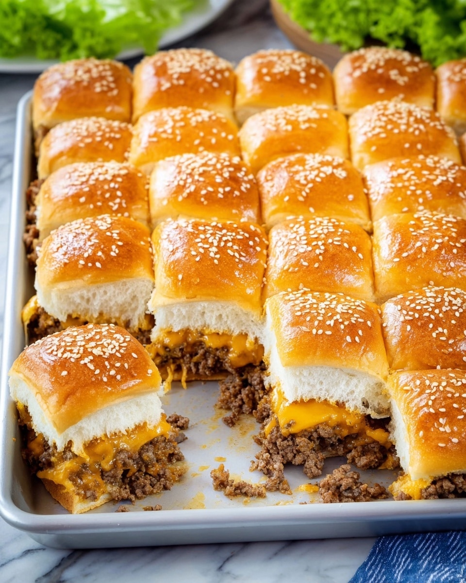 The image shows three mini cheeseburgers with sesame seed-topped golden brown buns. Each burger has four visible layers: a bottom bun, a cooked beef patty with melted cheddar cheese on top, a layer of leafy green lettuce, and a slice of red tomato with a couple of pickle slices just under the top bun. The burgers are placed in a white-lined blue basket on a white marbled surface. In front of the basket, there are a few slices of tomato sprinkled with sesame seeds and black pepper. To the right, a small metal cup with bright red ketchup is partially visible. In the background, some green leafy vegetables and a blurred baked dish add hints of color. Photo taken with an iphone --ar 4:5 --v 7