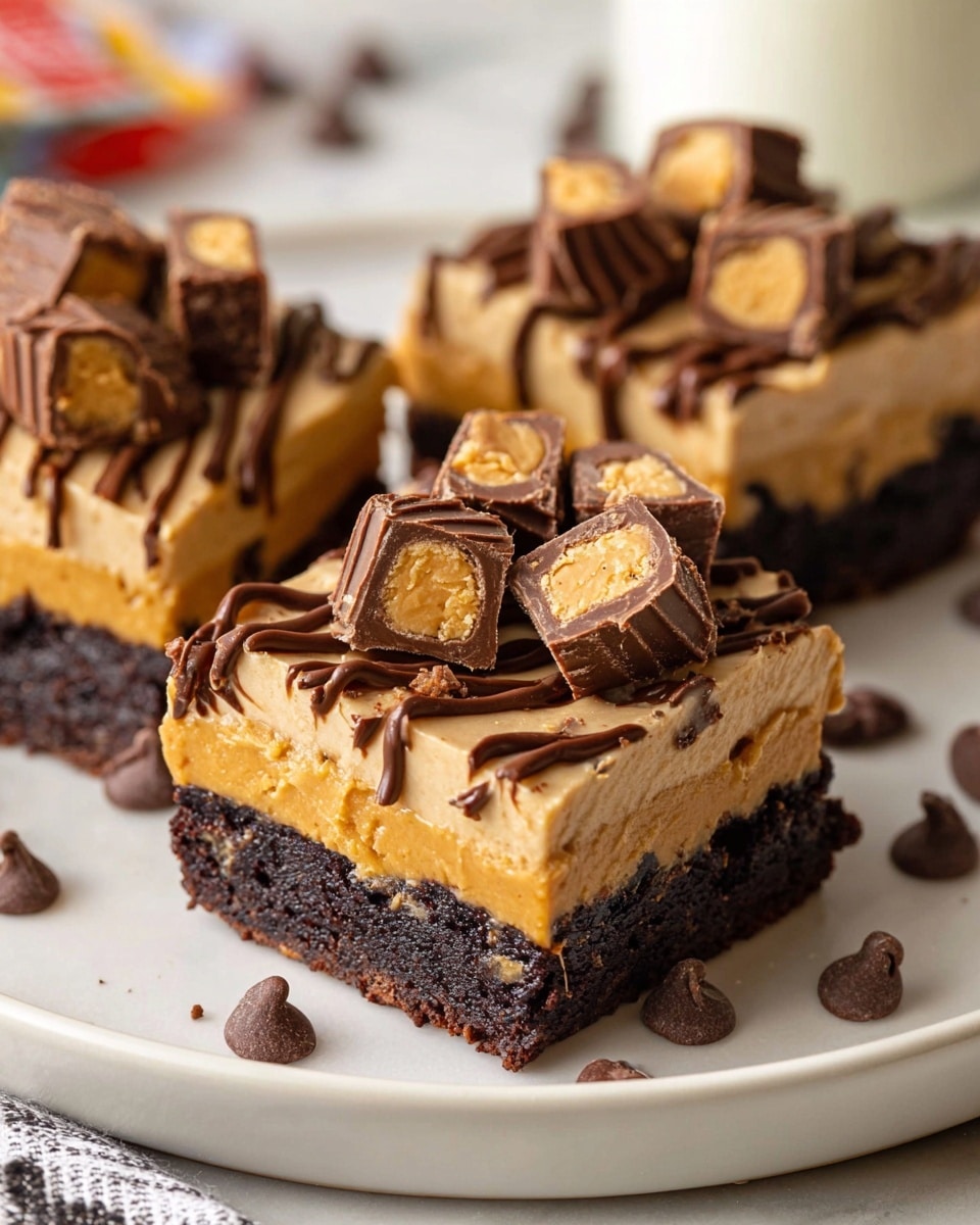 A close-up image showing three square dessert bars placed on a large white plate over a white marbled surface. Each bar has three layers: a bottom dark brown chocolate brownie base, a middle thick layer of peanut butter with a smooth texture, and a light brown creamy top layer. The top is decorated with a drizzle of dark chocolate lines, mini chocolate chips scattered around, and several pieces of chopped peanut butter cups with visible peanut filling placed on top. Photo taken with an iphone --ar 4:5 --v 7