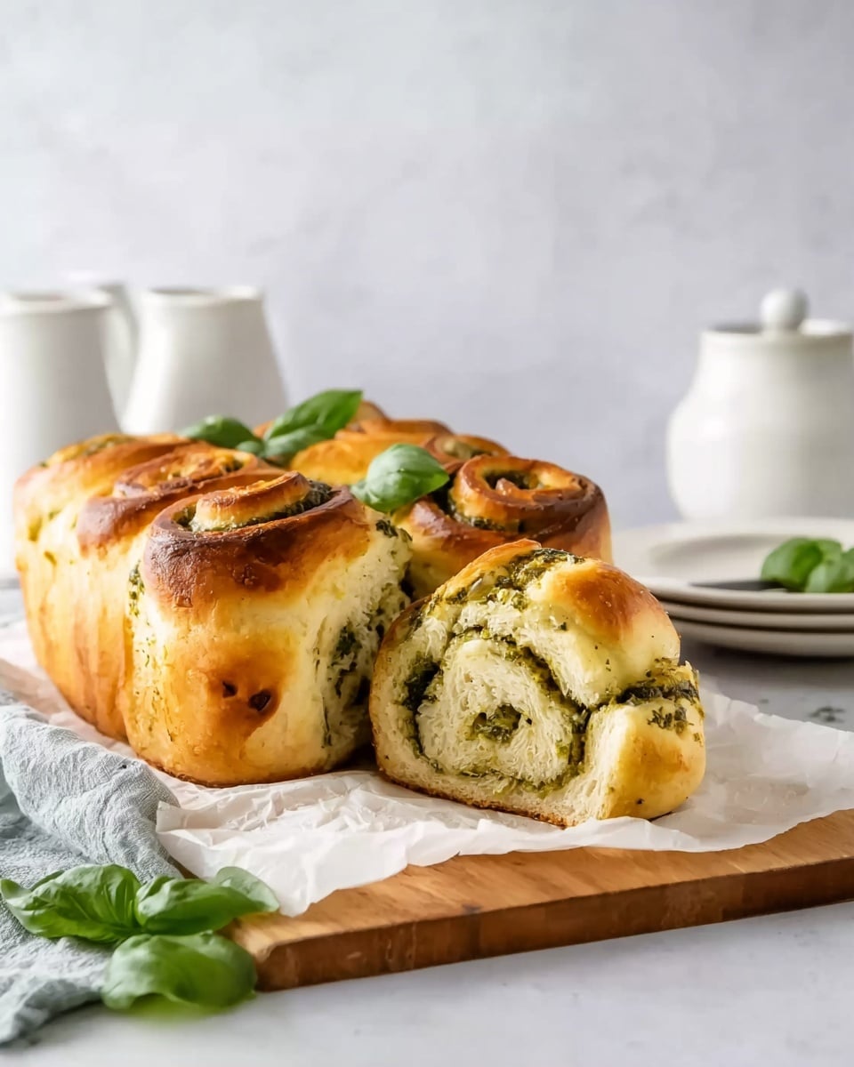 A loaf of soft bread rolls baked together with a golden brown crust, each roll showing swirled layers inside with a green herb filling spreading through the light, fluffy dough; the bread is placed on white parchment paper over a wooden board, with fresh green basil leaves beside it; in the background, there is a stack of white plates holding one roll and two white ceramic jars, all set against a white marbled surface and light gray wall. Photo taken with an iphone --ar 4:5 --v 7